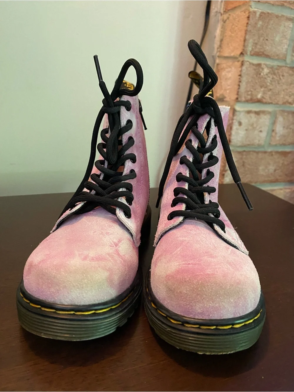 Dr. Martens Pink Suede Kids Lace-Up Boots with Black Laces
